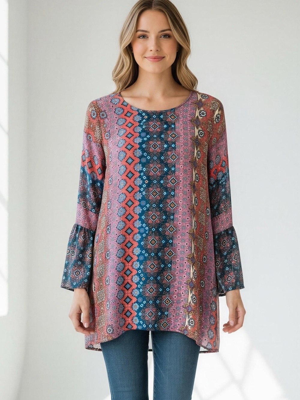 Tolani Silk Boho Mosaic Stripe Tunic - Pink & Blue
